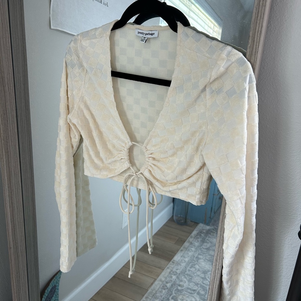 Long Sleeve White Checker Crop Top